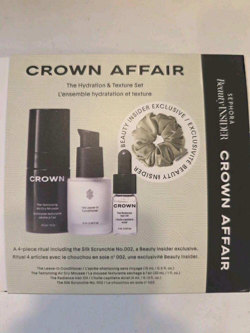 Crown Affair Travel Hair Ritual Set: Leave-In, Mousse, Hair Oil & Silk Scrunchie